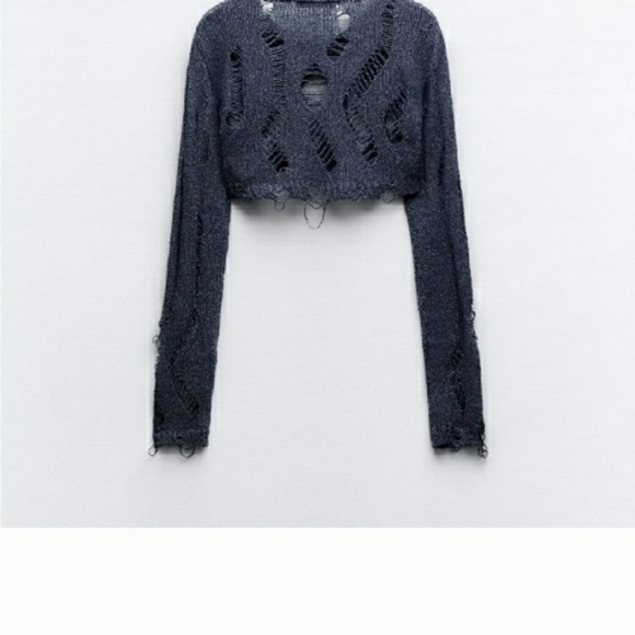 Zara Black Distressed Knit Crop Sweater - Picture 3 of 6